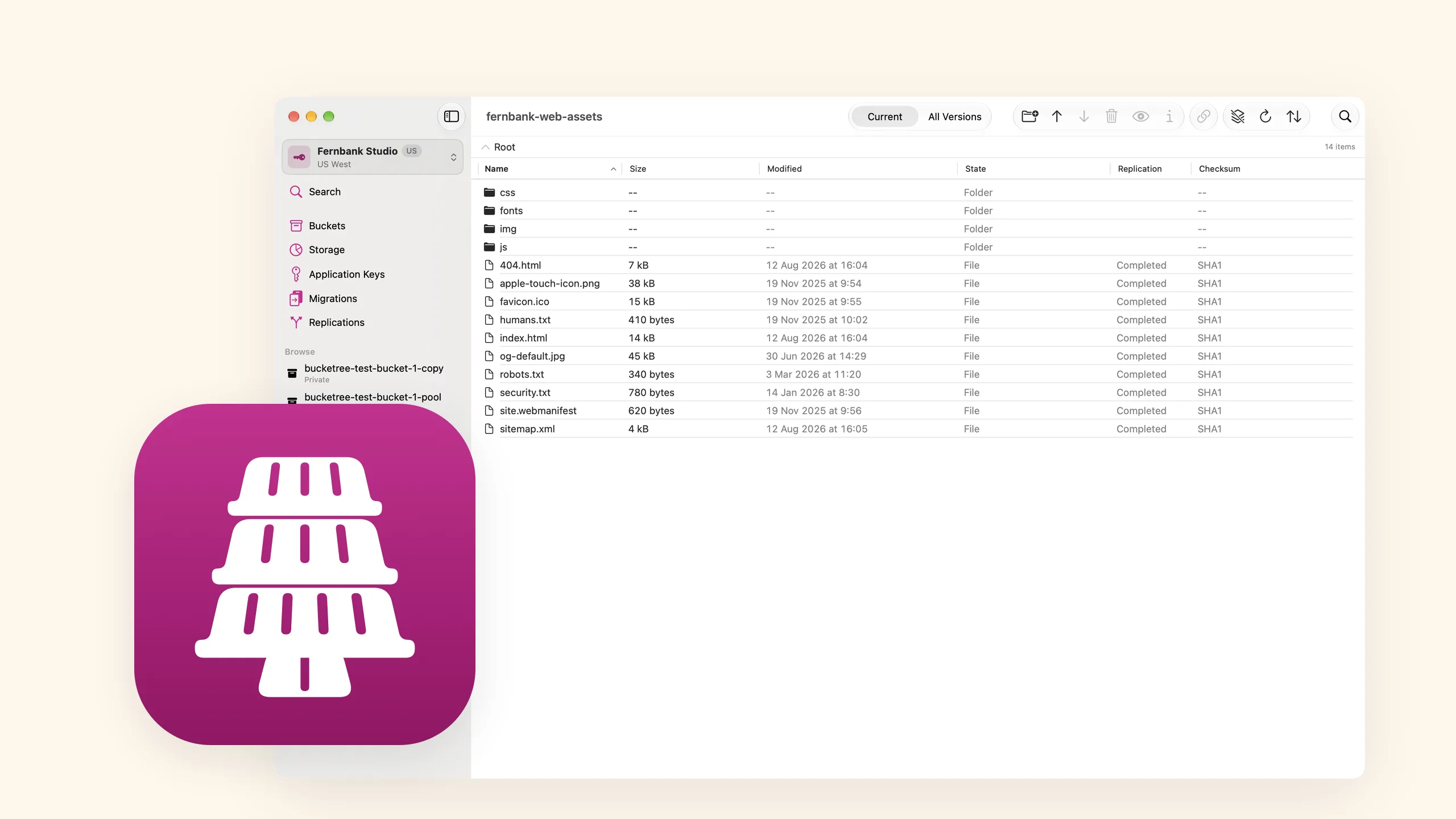 Bucketree browsing a Backblaze B2 bucket on a Mac, with the app icon
